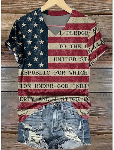  Unabhängigkeitstag Frauen Patriotic Vierte Juli T-Shirt Grafik Amerikanische Flagge Vintage Stylisch Klassisch Kurze Ärmel V-Ausschnitt Reguläre Tops Täglich Druck Weiß Rot Blau Rot  Blau Sommer