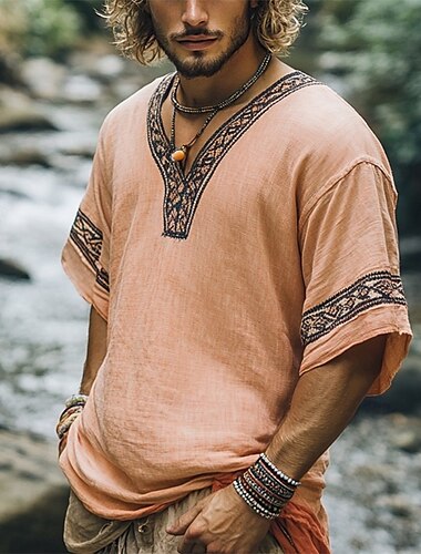  Herren Leinenhemd Sommerhemd Vintage-Shirt Kurzarmshirt Ethno-Hemd Patchwork Urlaub Straße Khaki Kurzarm V Ausschnitt Sommer Bekleidung Ethnisch & Religiös