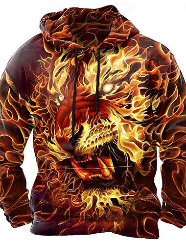  Herr Lejon Huvtröjor Tröja Huvtröja Långärmad Huvtröja Rund hals Häftig 3D-tryck Nattklubb Streetwear Svart Gul Snörning Grafisk Höst Vinter Designer
