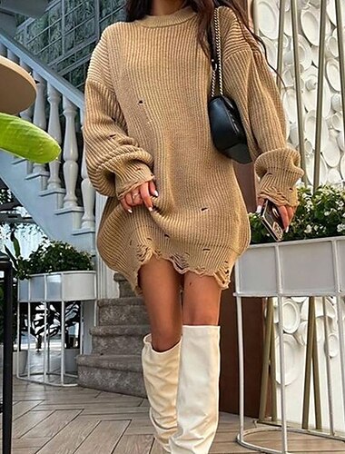  Mujer Pulóveres Pull-over Moda Color sólido Estriado Cuello Barco Ahuecado De Punto Manga Larga Tops largos Tejer Exterior Diario Festivos Negro Fucsia Otoño