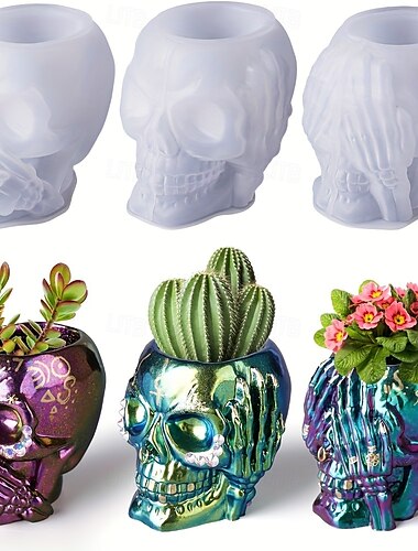  3 moldes de resina de silicona con forma de calavera dtoho con un diseño único de ojo y oreja. &Diseños de boca: perfectos para manualidades de bricolaje. &Material de silicona duradero para