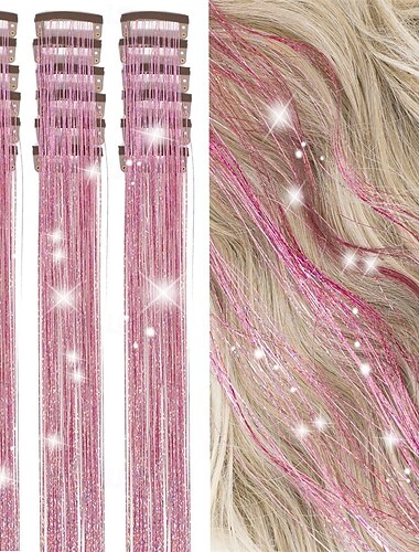  Hair Tinsel Kit Pack of 18 Pcs Hair Tinsel Clip in 19.6Inch Glitter Tinsel Hair Extensions Heat Resistant Clip in Hair Tinsel Sparkle Fairy Hair Accessories for Kids Girls Women
