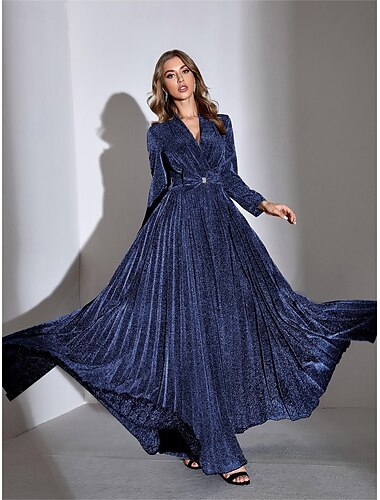  Corte A Vestidos de fiesta Elegante Vestido Formal Boda Hasta el Suelo Manga Larga Escote en Pico Terciopelo con Plisado 2025