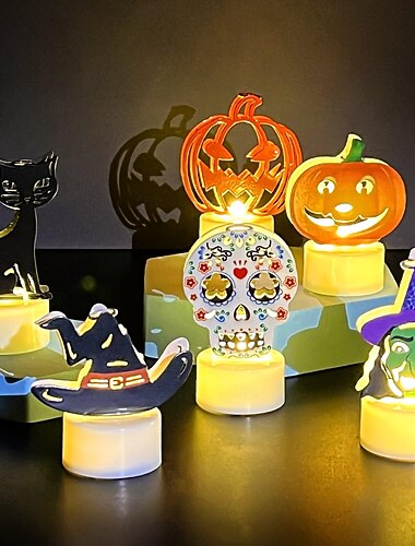  6 pezzi/1 set di candele decorative a LED per Halloween, a forma di zucca, strega, gatto nero, teschio, cappello da strega, luci decorative per interni, feste, ristoranti, atmosfera di Halloween