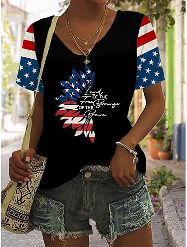  Unabhängigkeitstag Damen Patriotisches T-Shirt zum vierten Juli Grafisches Flaggen stilvolles lässiges Kurzarm V-Ausschnitt Reguläre Tops täglicher Druck Schwarz Rot Blau Sommer