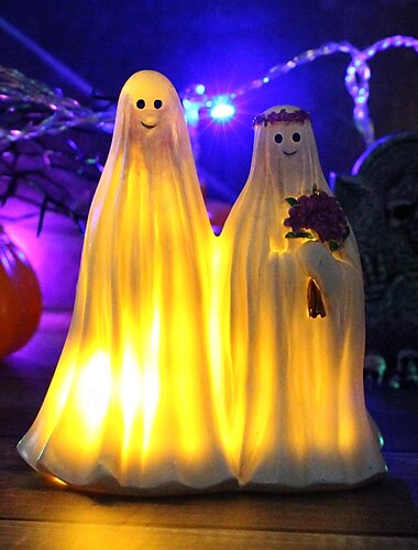  Statuetta fantasma di Halloween in resina a LED con luci, decorazione a forma di scheletro fantasma di sposi e sposi, ornamento spettrale per feste infestate per il festival di Halloween.