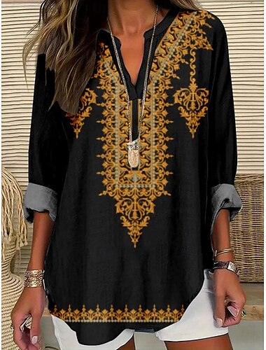  Dam Blus Blommig Stylish Modern Långärmad V-hals Vanliga toppar Dagligen Helgdag Mönster Svart Vit Guld Grön Sommar
