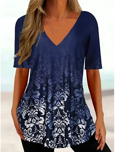  Damen T Shirt Ombre Blumen Grafik Bohemien Vintage Klassisch Kurzarm V Ausschnitt Normale Oberteile Täglich Ausgehen Wochenende Druck Schwarz und weiss Marineblau Purpur Sommer Frühling