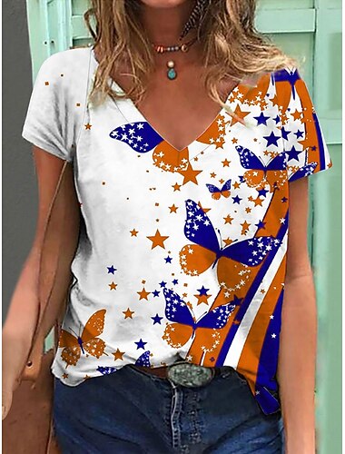  独立記念日 女性用 パトリオティック 7月4日 Tシャツ グラフィック フラッグ バタフライ ヴィンテージ スタイリッシュ クラシック 短袖 Vネック レギュラー トップス デイリー プリント レッド パープル オレンジ 夏 春