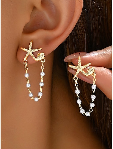  Pendientes colgantes de cadena con perlas y estrellas de mar para mujer: joyas de verano de inspiración playera, elegante estilo náutico para fiestas, vacaciones y uso diario.