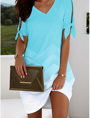  Damen Midikleid T-Shirt-Kleid A Linie Kleid Sportliches Kleid Elegant Urlaub Vintage Kalter Schulter-Ärmel Normale Passform Ombre Grafik Geometrisch Kurzarm V Ausschnitt Hellgrün Rosa Blau Purpur