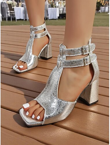  Sandales de soirée à talon bloc argenté pour femmes - Chaussures brillantes à double boucle et bout ouvert pour la vie nocturne et les événements sur les toits
