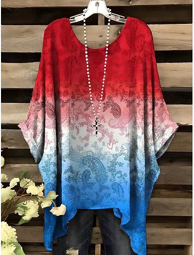  Unabhängigkeitstag Frauen Patriots vierten Juli Bluse Grafik Flagge Elegant Vintage Täglich Kurzarm Fledermausärmel Rundhalsausschnitt Täglich Urlaub Urlaub Denim Blau Rot Königblau Blau Grün
