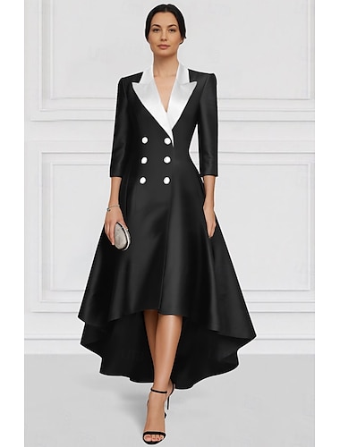  Svart og hvit blazer kjole A-linje mor til bruden kjole elegant krage asymmetrisk ankellengde sateng lang ermet med fargeblokk