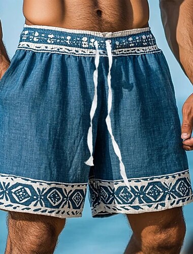  Homme Shorts Shorts en Lin Shorts d'été Shorts de plage Cordon de serrage Taille Élastique Géométrique Uni Confort Respirant Longueur Genou Extérieur Quotidien Plage Vacances Mode Bleu