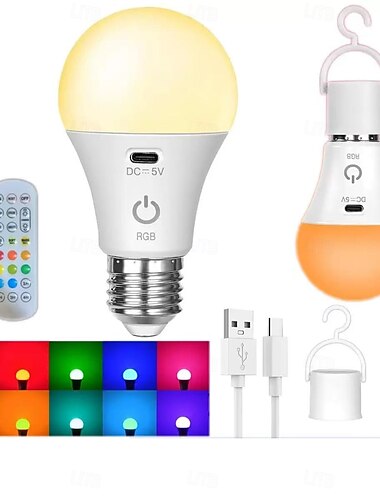  Λάμπα LED με δυνατότητα ρύθμισης έντασης, πολύχρωμη λάμπα RGB, επαναφορτιζόμενη λάμπα 2000 mah, φως A65, έξυπνο τηλεχειριστήριο, διακόσμηση σπιτιού, υπαίθριες δραστηριότητες και κάμπινγκ
