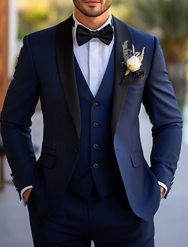 Pour des hommes Mariage Soirée Costumes bleu marine Affaires Formel Couleur Unie Coupe Standard 3 pièces Simple boutonnage un bouton