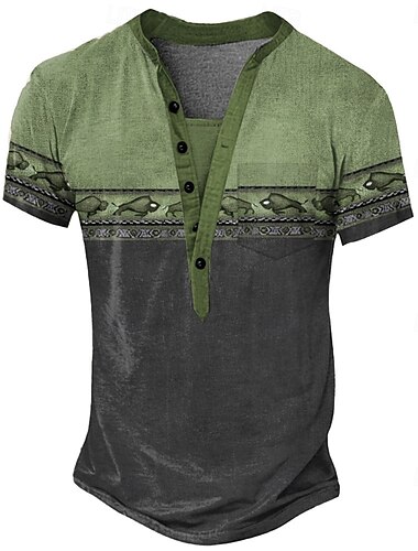  男性用 グラフィック トライバル エスニック Tシャツ ヘンリーシャツ 半袖 ヴィンテージ デザイナー ベーシック アウトドア カジュアル 日常 夏 オールシーズン ライトグリーン ライトブルー カーキ色 ヘンリー ヘンリーTシャツ