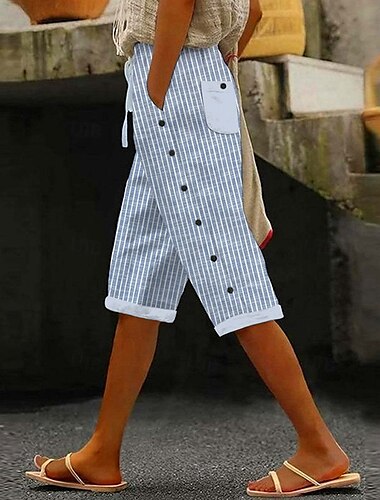  Damen Haremshose Urlaub Vintage Ethno-Stil Knielang Mittlere Taille Gestreift Streifen Unelastisch Outdoor Heim Arbeit Blau Sommer Frühling Herbst Lässiger Schnitt