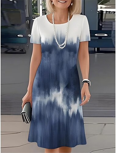 Damen Minikleid T-Shirt-Kleid Sommerkleid Shiftkleid A Linie Kleid Urlaub Lässig Boho Strand Normale Passform Ombre Grafik Kurzarm Rundhalsausschnitt Weiß Blau Leicht Blau Sommer Frühling