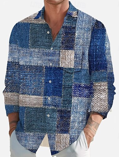  Herren Geometrisch Farbblock Patchwork Hemd Knopfhemd Langarm Modisch lässig Outdoor Täglich Streetwear Frühling Herbst Umlegekragen 3D-Druck Eine Tasche vorne Leinenähnliches Hemd Blau