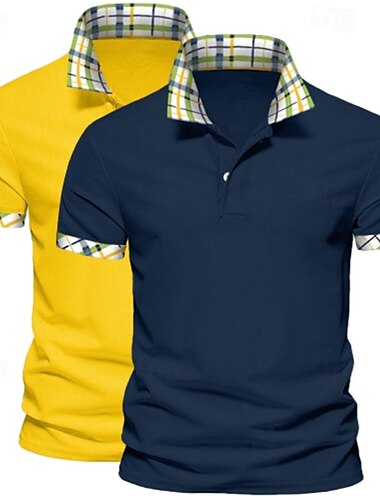  Men's Solid Color Plaid Color Block Polo Shirts Golf Shirt Short Sleeve Lapel Casual Sports & Outdoor Business Casual 2 Piece Buttons Summer Spring Spring &  Fall Dark Blue+White White+Yellow