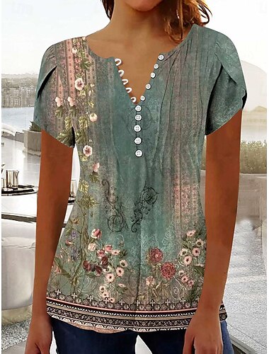 Damen Boho-Hemd Ombre Blumen Grafik Bohemien Vintage Täglich Ärmellos Kurzarm Einkerbiger Ausschnitt Normale Oberteile Täglich Ferien Urlaubskleidung Rüsche Gesmoktes Salbeigrün Schwarz Rote Blau