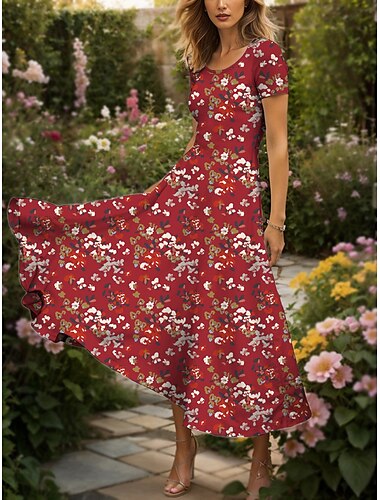  Damen Maxikleid Strickkleid Freizeitkleid Sommerkleid A Linie Kleid Elegant Urlaub Lässig Normale Passform Blumen Grafik Kurzarm Quadrathals Gelb Rote Blau Purpur Sommer