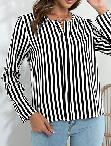  Damen Sommeroberteile Chiffon Tops Gestreift Täglich Stilvoll Basic Langarm V Ausschnitt Normale Oberteile Arbeit Täglich Ferien Druck Weiß Aprikose Frühling Herbst