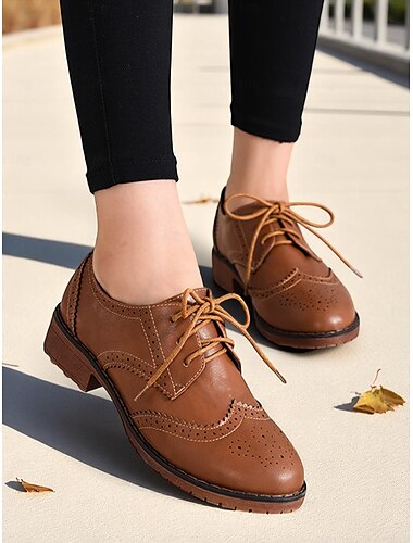  Damen-Brogue-Oxford-Schuhe aus braunem Kunstleder – klassische Schnürschuhe mit Flügelkappe für die Arbeit, den Büroalltag und Herbstausflüge