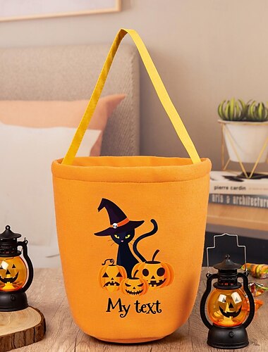  Pungă personalizată cu nume pentru dulciuri de Halloween pentru copii, coșuleț personalizat cu bomboane pentru Halloween, cu un design drăguț de dovleac și pisică, cadou cu text personalizat pentru