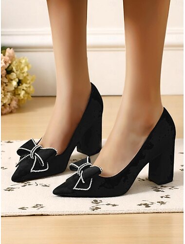  Scarpe da donna con tacco a blocco in pelle scamosciata nera, scarpe eleganti slip-on a punta affilata con fiocco di strass, eleganti e comode per appuntamenti casual e outfit quotidiani