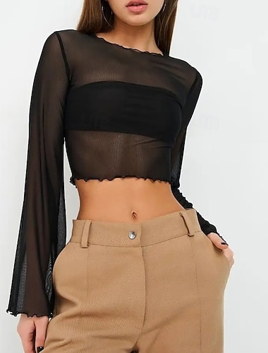  Rétro Vintage Années 1970 Groovy Crop Top Manche cloche Disco Maille Col rond Déguisement Femmes Halloween Carnaval Festival de Musique Soirée à thème rétro Adulte Haut