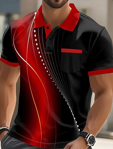  Herren Geometrisch Linie Polo Kurzarm Polo-Shirts Hemden mit Kragen Business-Casual Outdoor Athleisure Alltagskleidung Tasche 3D-Druck Knöpfe Sommer Meerblau Rote Blau