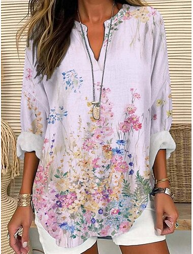  Mulheres Camisa Social Floral à moda Moderno Manga Longa Decote V Tops regulares Diário Feriado Botões Imprimir Preto Amarelo Rosa Roxo Laranja Verão