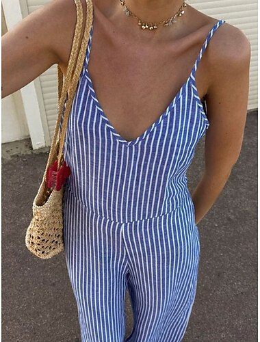  Dames Normaal Jumpsuit Actief Gestreept Mouwloos V-hals Blote rug Afdrukken Vakantie Dagelijks Normale pasvorm blauw Zomer