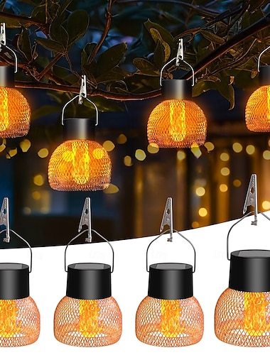  Zonne-lantaarns voor buiten, verbeterde metalen waterdichte flikkerende vlam, hangende zonnelampen voor buiten, op zonne-energie werkende decoratieve zonne-lantaarns voor tuin, tuinhek, boom