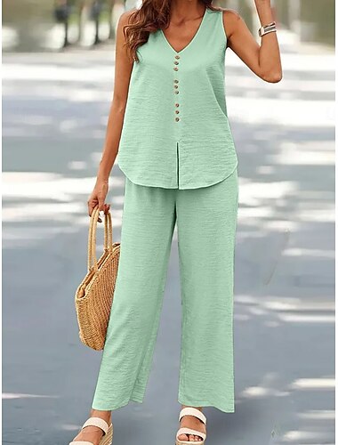  Damen Mode Streetwear Täglich Hosen-Sets Ärmellos V Ausschnitt Einfach Lässig Täglich Schwarz Marineblau Grün Sommer Lässiger Schnitt