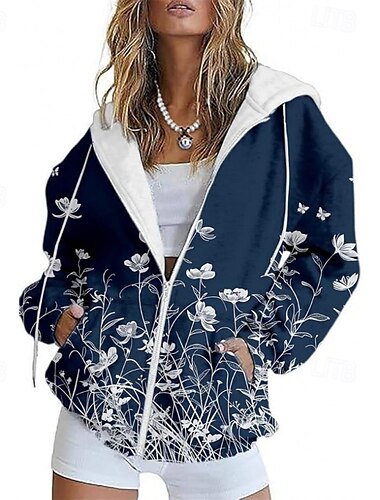  Damen Freizeitjacke Bequem Tasche Druck Sport Mode Outdoor Blume Alltagstauglich Wochenende Reisverschluss Regulär Mit Kapuze Normale Passform Langarm Oberbekleidung Hellgrün Marineblau Khaki