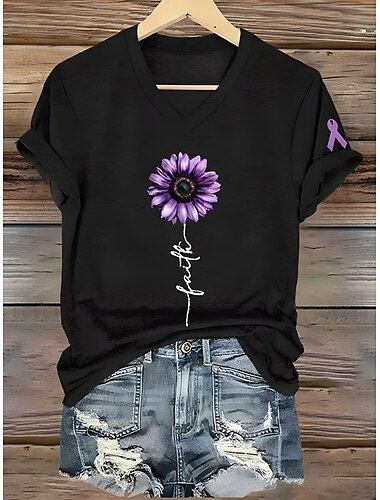  Damen T Shirt Blumen Grafik Pflanzen Vintage Stilvoll Klassisch Kurzarm Rundhalsausschnitt Rundhals Normale Oberteile Täglich Ausgehen Wochenende Druck Schwarz Weiß Blau Purpur Sommer Frühling