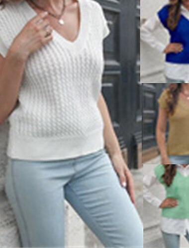  Per donna Gilet Maglione Casual Tinta unica Spesso Scollo a V Lavorato a maglia Senza Maniche Top Regolari Maglia Quotidiano Ferie Uscire Bianco Blu Estate Autunno