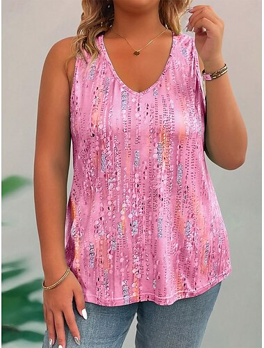  Tanktops für Damen in Übergröße, grafisch, abstrakt, ärmellos, V-Ausschnitt, lässig, alltagstauglich, gestrickt, Sommer, gelb, rosa