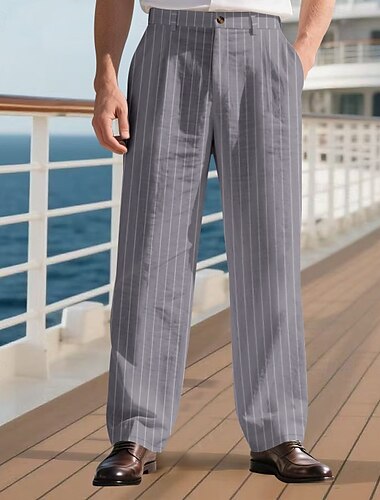  Herren Leinenhosen Hose Sommerhose Strandhose Tasche Gerader Schnitt Gestreift Komfort Atmungsaktiv Urlaub Täglich Ferien Hawaiianisch Boho Schwarz Weiß