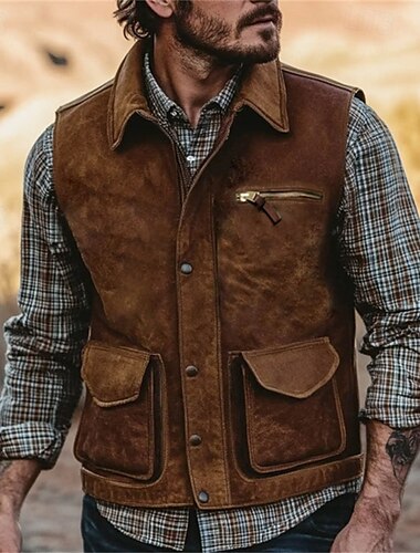  Herren Weste Gilet Outdoor Täglich Vintage Lässig Frühling Herbst Tasche Knöpfe Polyester Bequem Einfach Einreihig Ein-Knopf Revers Normale Passform Braun Weste