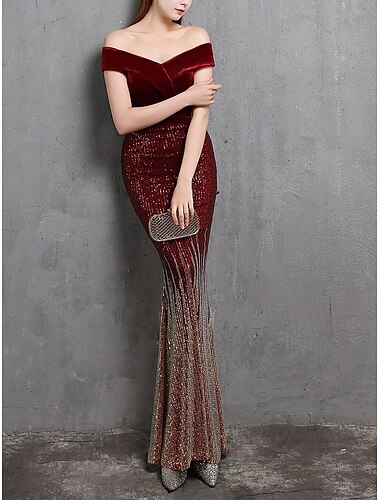  Meerjungfrauenschnitt Abendkleid Elegant Kleid Formell Hochzeit Bodenlang Kurzarm Schulterfrei Samt mit Perlenstickerei 2025