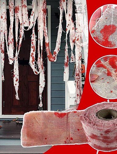  Ταινία επίδεσμου γάζας για το Halloween με αιματηρό τελείωμα 1 ρολό 20μ / 21,87 γιάρδες, ταινίες διακόσμησης μακιγιάζ, επίδεσμος μούμιας, στηρίγματα φωτογραφίας για πάρτι cosplay