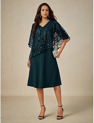 A-Linie Brautmutterkleid Elegant V Ausschnitt Knielang Spitze Halbarm mit Spitze Einfarbig 2025