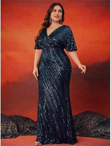  Mermaid  Trumpet Plus Size Kleider Elegantes Kurvenkleid Formelles Hochzeitsbodenlänges Kurzärmel V-Ausschnitt Polyester mit Pailletten 2025