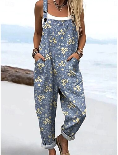  Dam Jumpsuits Aktiv Blommig Ärmlös Snörning Semester Gata Lös passning Dammig blå Purpur Ljusblå Sommar