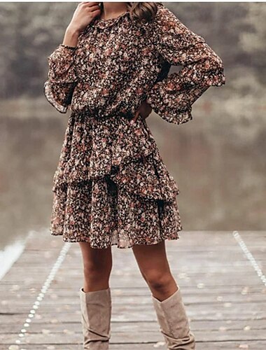  Damskie Sukienka mini Codzienne sukienki Sukienka w kwiatki Letnie sukienki Sukienka Boho Elegancja Moda Nowoczesny Codzienny Weekend Regularny Kwiat Długi rękaw Półgolf Czarny Lato Wiosna